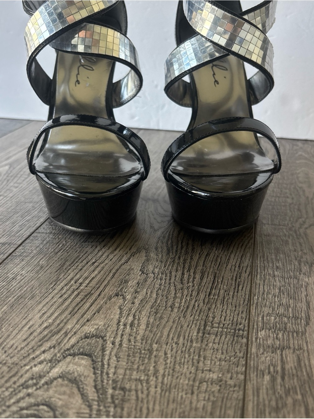 Ellie Black Patent Platform Stiletto Sandals with Silver Mosaic Straps - Picture 3 of 14